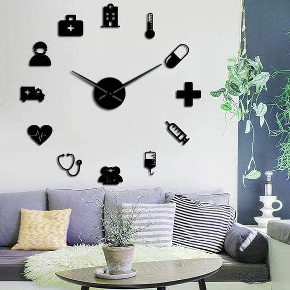 Medicine Heath Care Ambulance Large Wall Clocks DIY Acrylic Mirror Wall Stickers Medical Wall Art Hospital Clinic Decor Art Clock(Black,27inch)