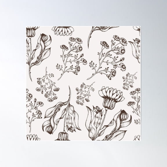 Medicine Herb Vector Seamless Nature Pattern. Hand Drawing Sketch Illustration Poster Wall Art, Modern Wall Decor For Living Room Bedroom, 24x24 UNFRAMED