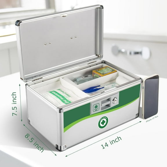 Medicine Lock Box, First Aid Safe Medication Storage Box, Layered Aluminum Daily Medicine Lockable Box with Key 14 * 8. * 7.48 Inch (Large)