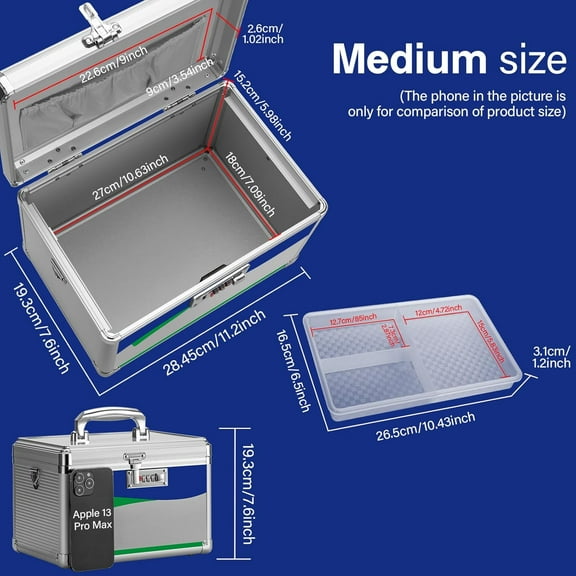 Medicine Lock Box with Combination Lock - 11.2 x 7.6 x 7.6 Inches, Silver First Aid Safe Medication Storage for Home and Outdoor