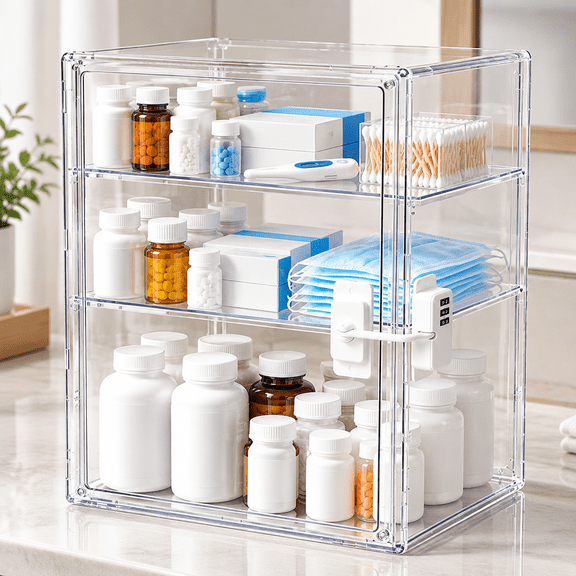 Medicine Lock Box with Combination Lock for Pills & First Aid, 3-Tier Clear