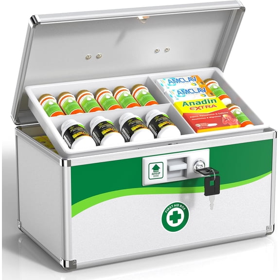 Medicine Lock Box with Keys Small 14x8.5x7.5 Inch Aluminum Child-Safe Lock