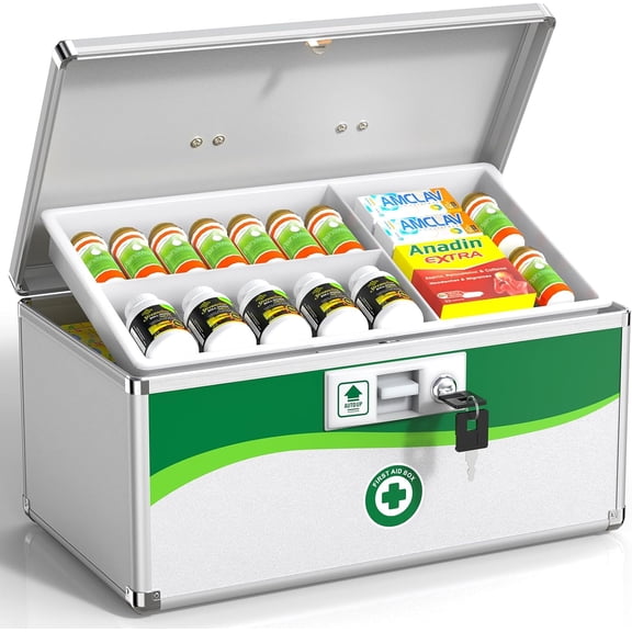 Medicine Lock Box with Keys Small 16x9.25x7.5in Aluminum Child-Safe Lock