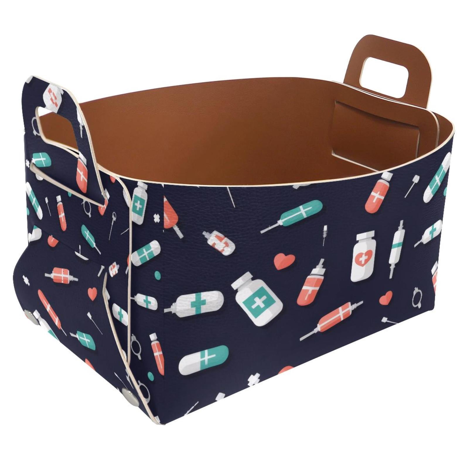Medicine Picture Storage Basket Collapsible Storage Bin, PU Foldable Basket Convenient Box Storage Organizer with Handles for Shelves Office Bedroom Closet Nursery Toys Laundry