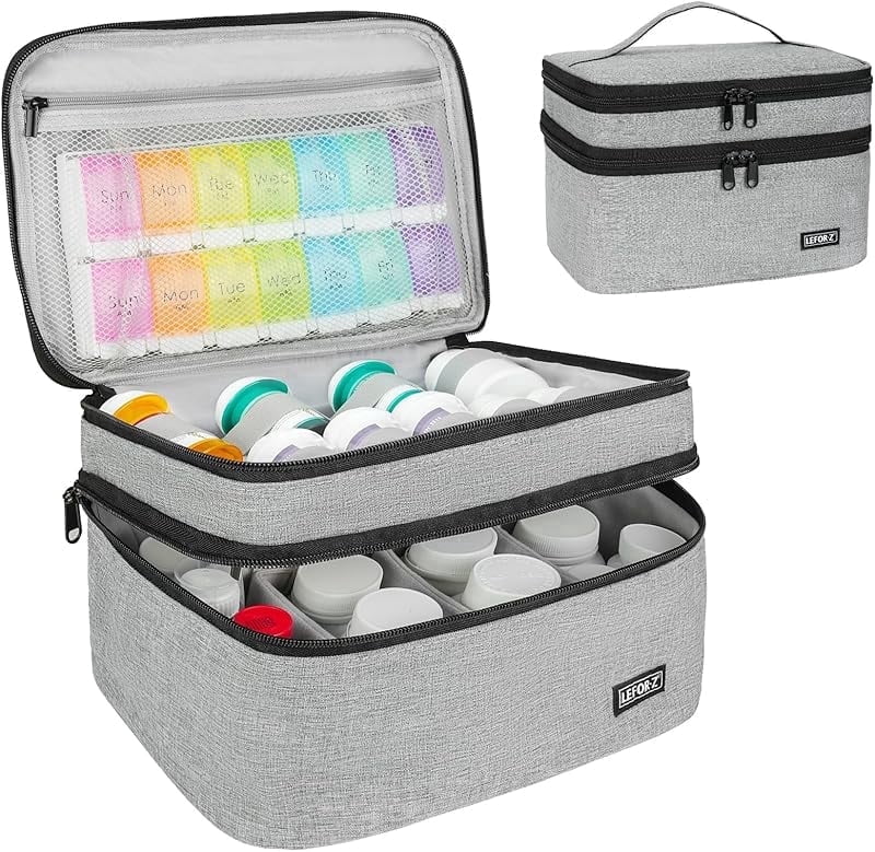 Medicine Storage Bag,Double Layers Pill Bottle Organizer Bag Empty with Lockable Zipper&Adjustable Divider,Medication Travel Carrying Bag for Pills,Vitamins,Medical Supplies