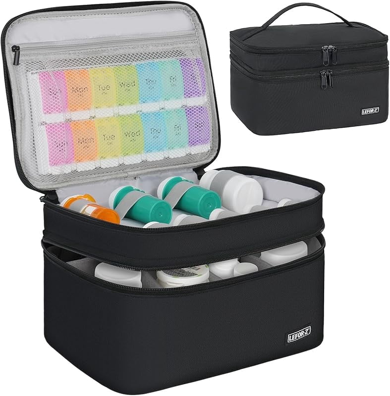Medicine Storage Bag,Double Layers Pill Bottle Organizer Bag Empty with Lockable Zipper&Adjustable Divider,Medication Travel Carrying Bag for Pills,Vitamins,Medical Supplies