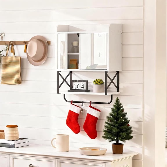 Medicine Wall Cabinet with Mirror, Bathroom Storage Cabinet with Hidden Space and Towel Bar, Double Mirrored Doors, Detachable Shelf, for Bathroom, Living Room, White BW41CW01