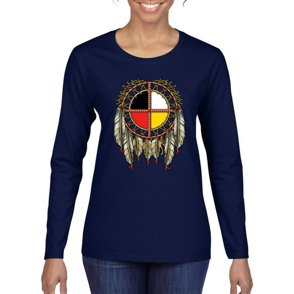 Medicine Wheel Dreamcatcher Native American Pop Culture Womens Graphic Long Sleeve T-Shirt, Navy, 2XL