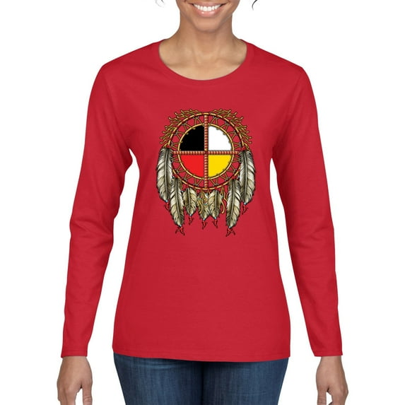 Medicine Wheel Dreamcatcher Native American Pop Culture Womens Graphic Long Sleeve T-Shirt, Red, Small