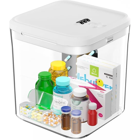 Medicine lock box, used for safely storing medication, transparent lock box for storing snacks and food, combination password mobile phone lock box, suitable for home/dormitory/office storage cabinet