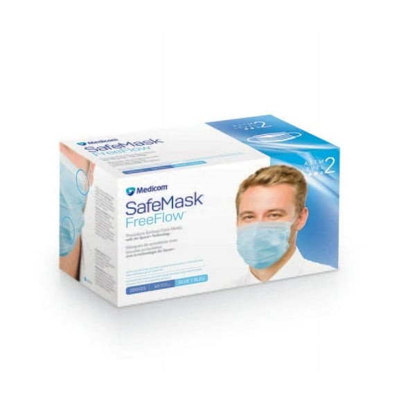 Medicom 200415 SafeMask FreeFlow Earloop Face Masks ASTM Level 2 Blue 50/Bx