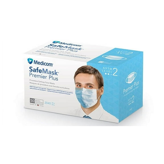 Medicom 2040 SafeMask Premier Plus Earloop Face Masks ASTM Level 2 Blue 50/Bx