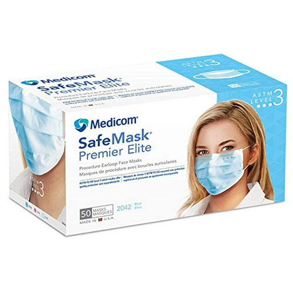 Medicom 2042 SafeMask Premier Elite Earloop Face Masks ASTM Level 3 Blue 50/Bx
