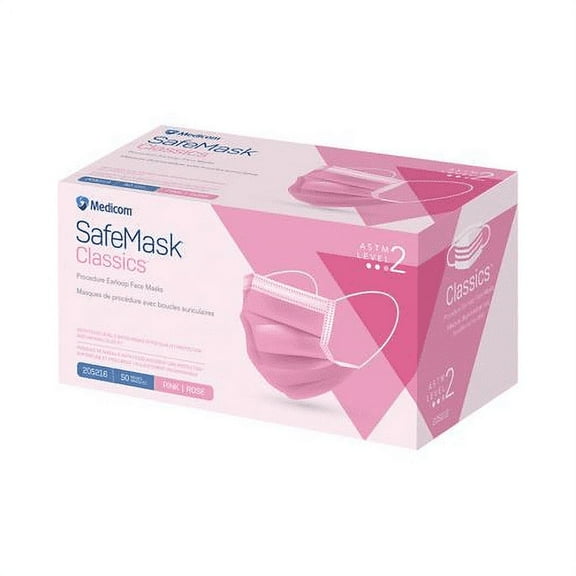 Medicom 205216 SafeMask Classics Earloop Face Masks ASTM Level 2 Pink 50/Box