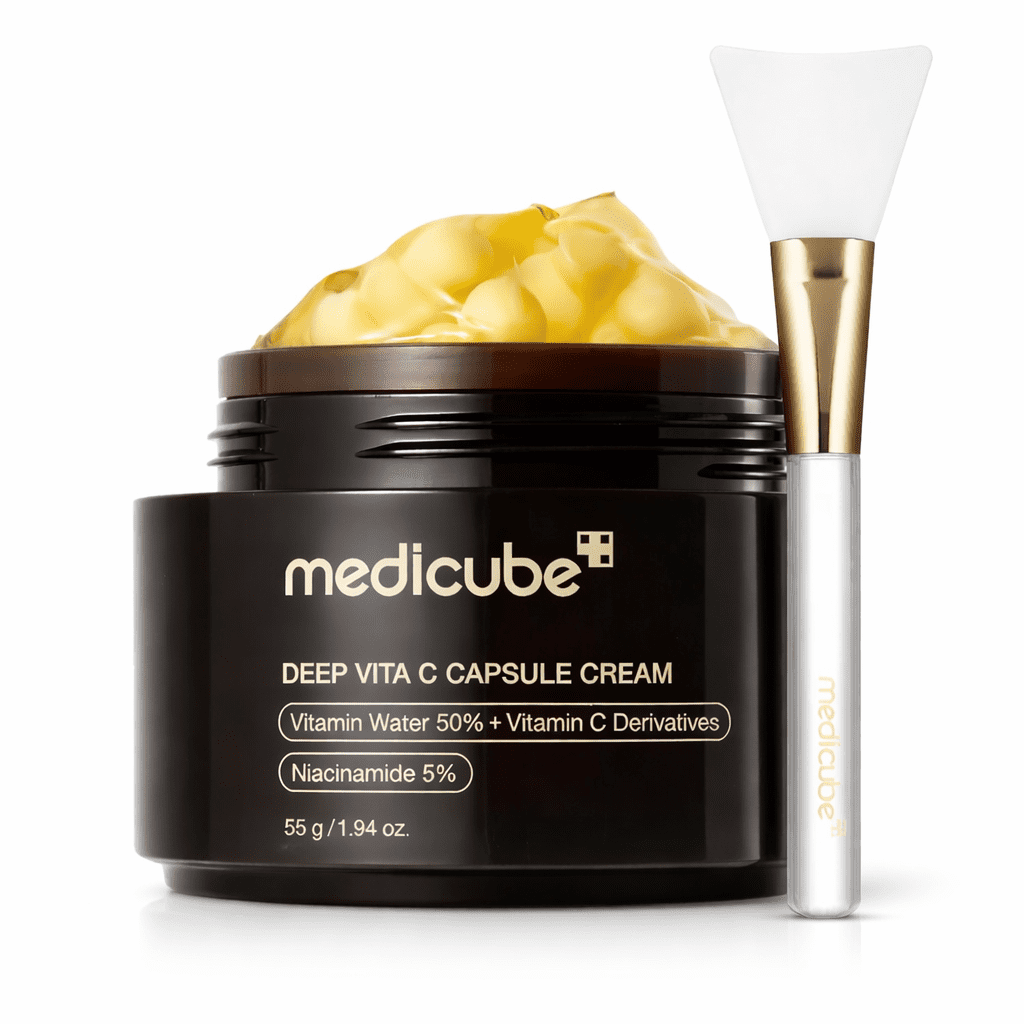 Medicube Deep Vita C Capsule Cream & Jelly Brush Duo Set | Korean Skincare Brightening Vitamin C Moisturizer + Soft Silicone Application Brush | Glow & Tone Care Bundle