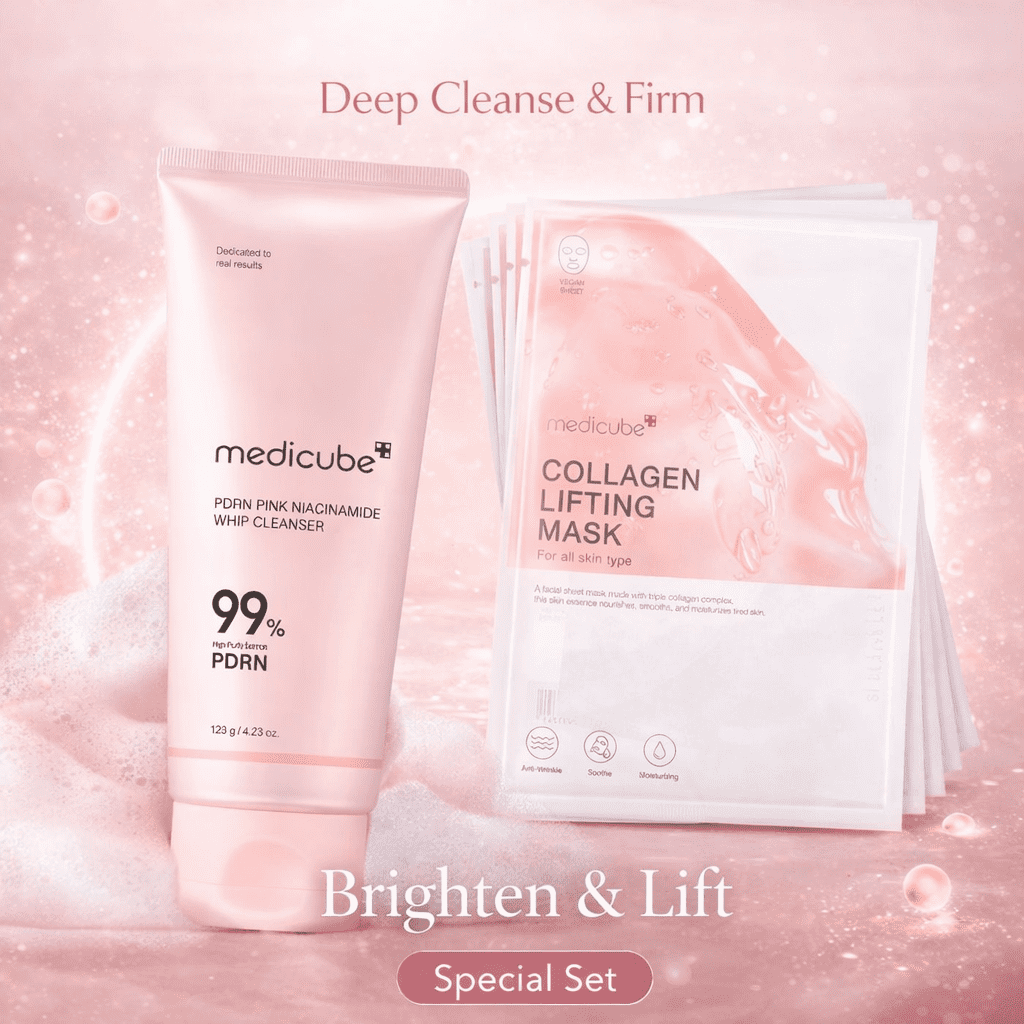 Medicube PDRN Pink Niacinamide Whip Cleanser & Medicube Collagen Lifting Mask Duo Set | Korean Skincare Double Care Set for Cleansing, Firming & Hydration Glow