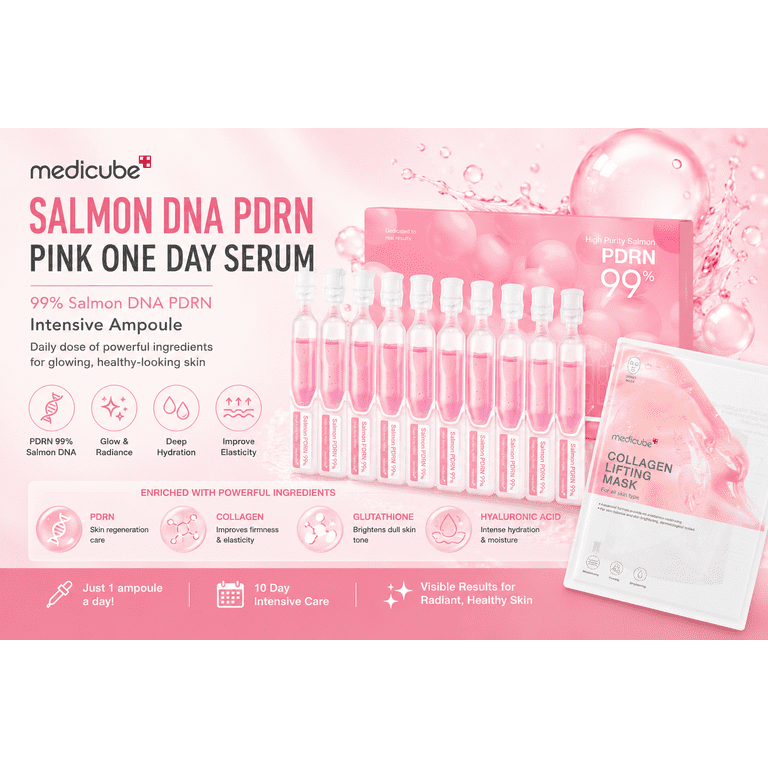 Medicube Salmon DNA Pdrn Pink One Day Serum, Intensive Ampoule, 0.05 fl oz x 10 /collagen Mask, Size: 0.05 fl.oz x 10e Medicube Salmon DNA Pdrn Pink One Day Serum, Intensive Ampoule, 0.05 fl oz x 10 /collagen Mask, Size: 0.05 fl.oz x 10e