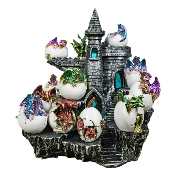 Medieval 12 Mini Dragons In Eggs On Mountain Stonewall Castle Display Stand Set