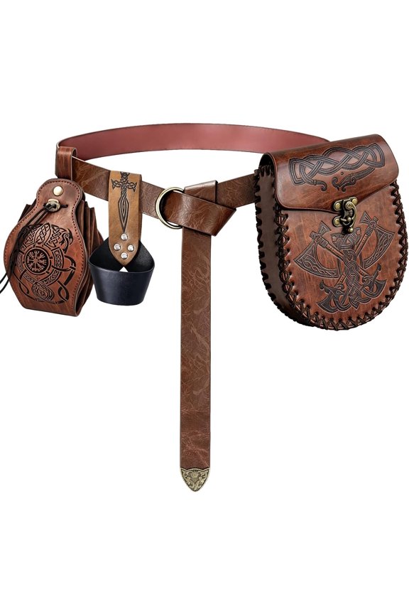Medieval 4 count Belt Set, Brown PU Renaissance Pouch, Holster Sword Frog for Ren Faire Pirate