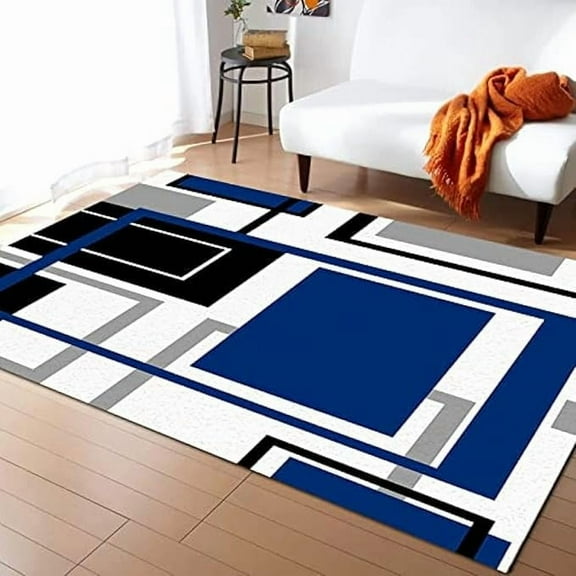 Medieval Abstract Blue Geometry Area Rugs, Black And White Irregular Color Block Splicing Large Rug, Machine Washable Breathable Durable Carpet For Front Entrance Floor Decor 5' x 6'