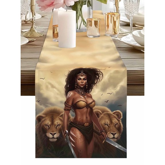 Medieval African Primitive Tribal Table Runners 48 Inches Long Woman Chief Lion Kitchen Dining Table Runner Dresser Scarves for Party Coffee Holiday Party Decor