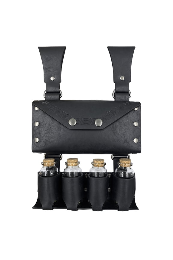 Medieval Alchemy Faux Leather Belt Bag with 4 Cork Potion Vials, Fantasy Wizard Waist Pouch Side Pack (Black A)