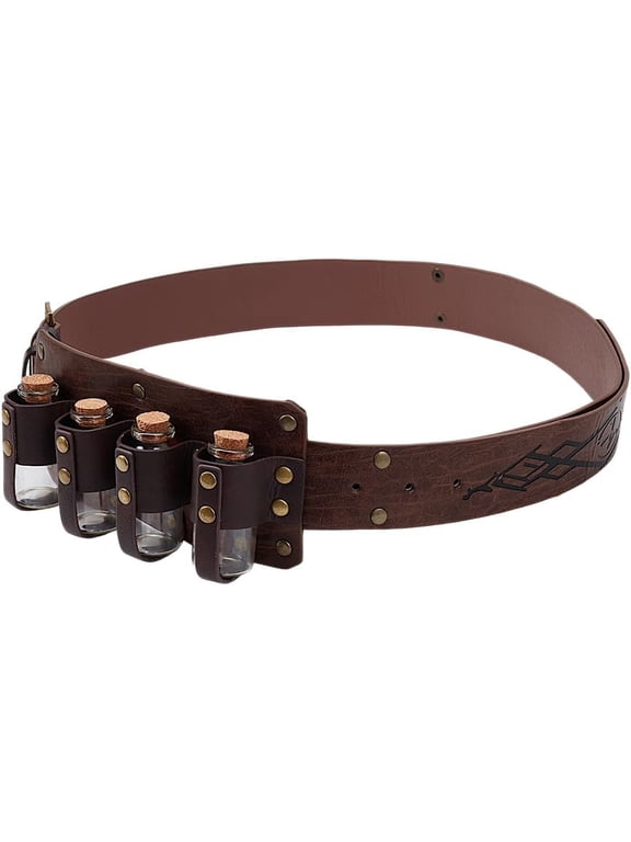 Medieval Alchemy PU Leather Belt Bag Fantasy Wizard Potion Bottles Belt Waist Belt Bag with 4 Cork Glass Bottles Medieval Knight Potion Vials Bag for Halloween Role Playing Coconut Brown