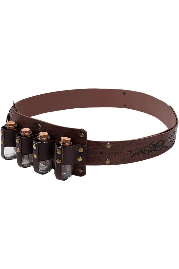 Medieval Alchemy PU Leather Belt Bag Fantasy Wizard Potion Bottles Belt Waist Belt Bag with 4 Cork Glass Bottles Medieval Knight Potion Vials Bag DIY