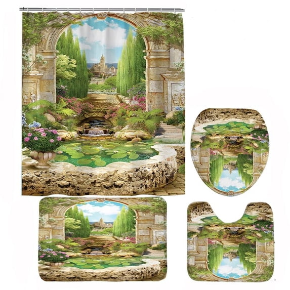 Medieval Arch Garden Scenery Bathroom Curtains Set Green Plant Flower Sea Shower Curtain Toilet Decor Non-slip Bath Mat Rug Home