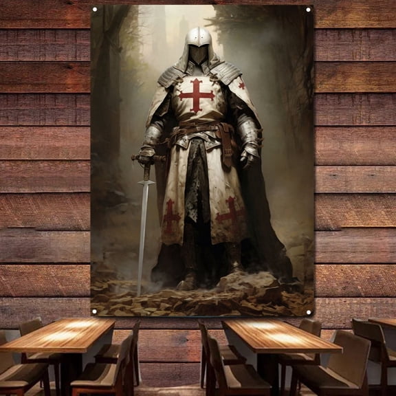 Medieval Armor Warrior Legion Wall Decorative Banner Wall Chart Masonic Knight Templar Tapestry Wall Art Poster Polyester Printed Flag With 4 Metal Holes 38" x 57"
