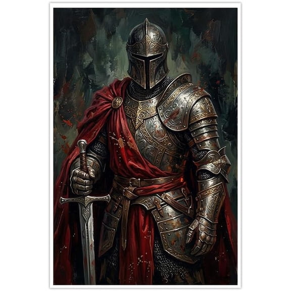 Medieval Armored Knight Canvas Wall Art Painting Epic Fantasy Warrior Picture Dark Helmet Red Cape Sword Artwork for Living Room Bedroom Home Office Decor Inspirational