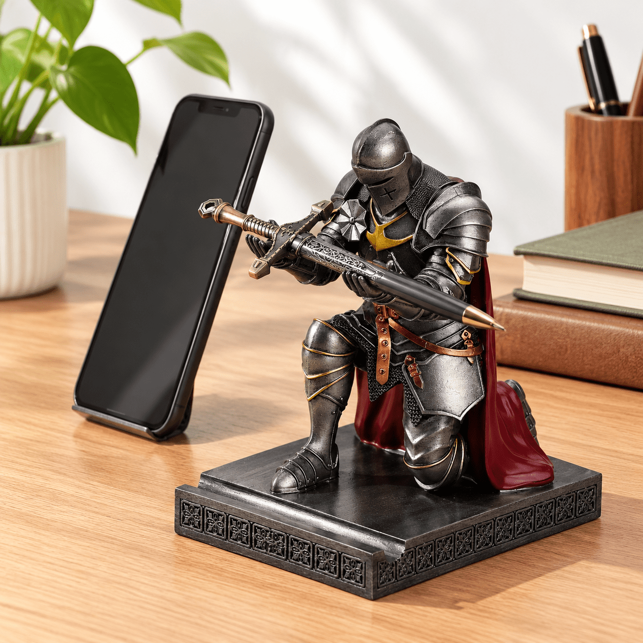 Medieval Armored Knight Pen Holder, Paperweight, and Phone Stand (Iron ...