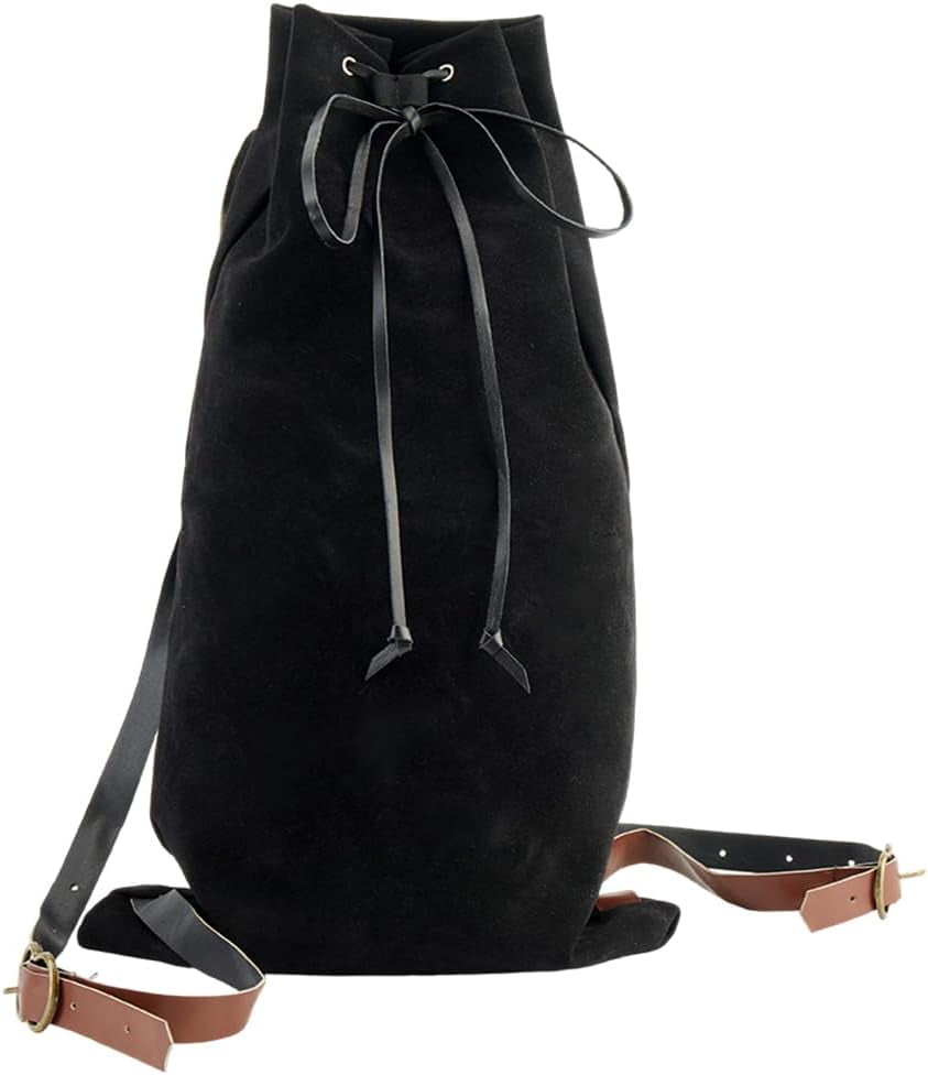 Medieval Backpack Black Drawstring Fibre Bag with PU Leather Straps and ...