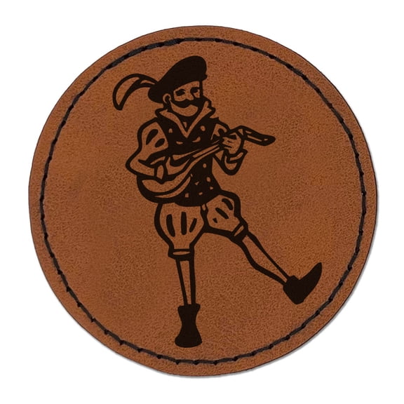 Medieval Bard Musician Singer With Lute Round Iron-On Engraved Faux Leather Patch Applique - 2.5 Inch - Brown