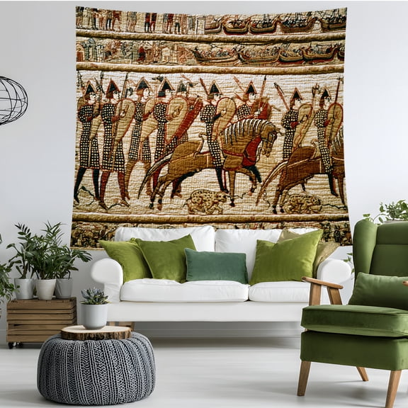 Medieval Battle Tapestry Wall Hanging, Vintage Warrior Historical Wall Decor, Ancient Army Scene Room Decor for Bedroom Dorm Living Room