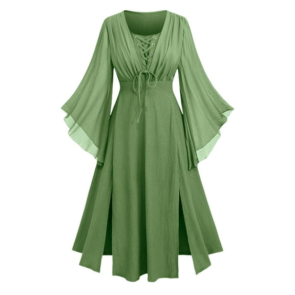 Medieval Bell Sleeve Dress for Women, Renaissance Fairy Cosplay Costume, Gothic Witch Vintage Maxi Gown