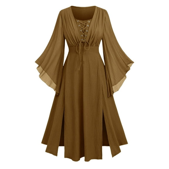 Medieval Bell Sleeve Dress for Women, Renaissance Fairy Cosplay Costume, Gothic Witch Vintage Maxi Gown