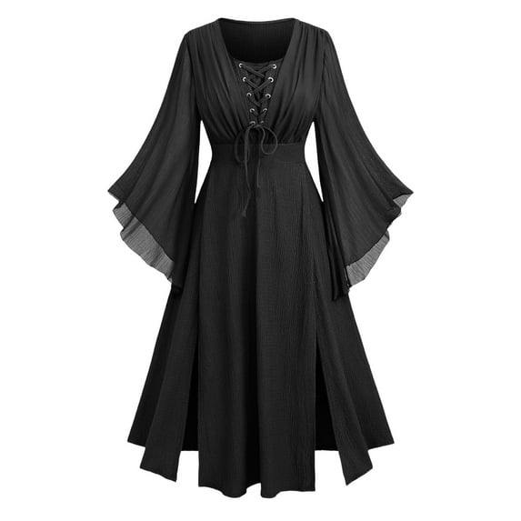 Medieval Bell Sleeve Dress for Women, Renaissance Fairy Cosplay Costume, Gothic Witch Vintage Maxi Gown