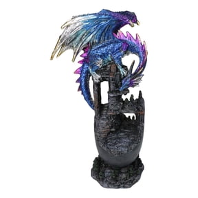 Medieval Blue Dragon Perching On Abandoned Castle Tower Ruins Figurine 12"H