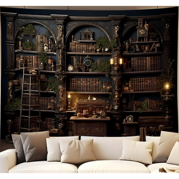 Medieval Bookcase Tapestry, Vintage Gothic Bookshelf Backdrop Spooky Library Tapestries Wall Hanging Dark Academia Wall Art for Bedroom Living Room Large Office Zoom Background 90.6"x70.9"