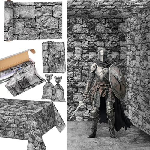 Medieval Brick Stone Wall Tablecloth Roll with Cutter Box Disposable Plastic Table Covers Castle Backdrop Grey Antique Background Knight Themed for Birthday Halloween Party (240 feet)