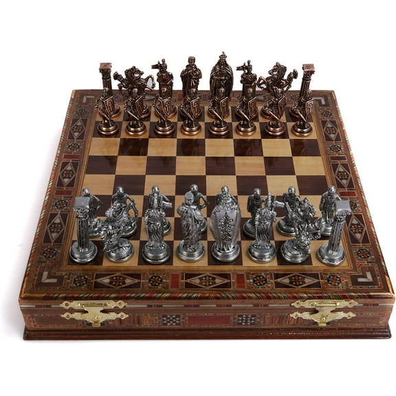 Medieval British Army Antique Copper Metal Chess Set for Adults,Handmade Pieces and Natural Solid Wooden Chess Board with Storage Inside King 3.35inc