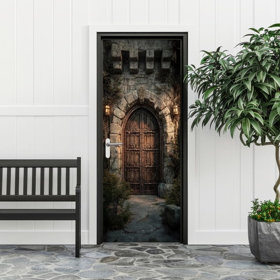 Medieval Castle Door Banner - 30.3x78.7in Polyester Fantasy Gothic Stone Castle Entrance Decor for Entryway & Bedroom