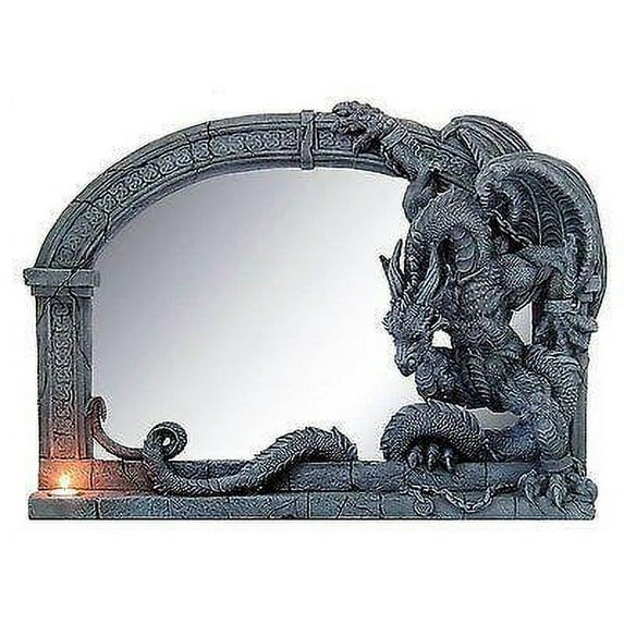 Medieval Castle Dragon Arched Wall Mounted Mirror Greystone Finish 32 Inch L