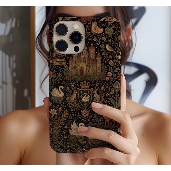 Medieval Castle Painting Art Swan Fox Tough Phone Case, Dual-Layer Protective Cover for iPhone
