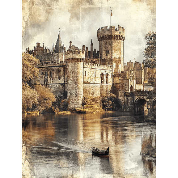 Medieval Castle River Landscape Canvas Wall Art Suitable for Living Room Bedroom Office Hotel and Restaurant Decoration.