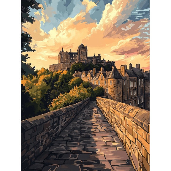 Medieval Castle Sunset Stone Bridge Canvas Print Wall Art Suitable for Living Room Bedroom Office Hallway and Dining Room Decoration.