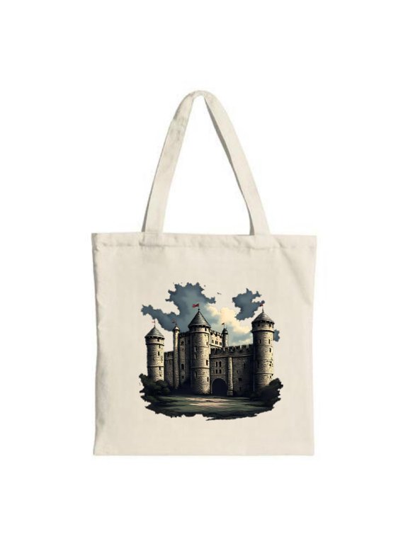 Medieval Castle Tote Bag - Gothic Design with Four Towers Dark Sky Landscape - Perfect for Shopping Travel & Parties