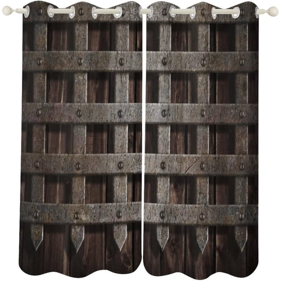 Medieval Castle Wall Door Blackout Curtains for Bedroom Living Room, Rustic Wooden Texture Thermal Insulated Drapes, Grommet Top 26"W x 54"L (Pack of 2)