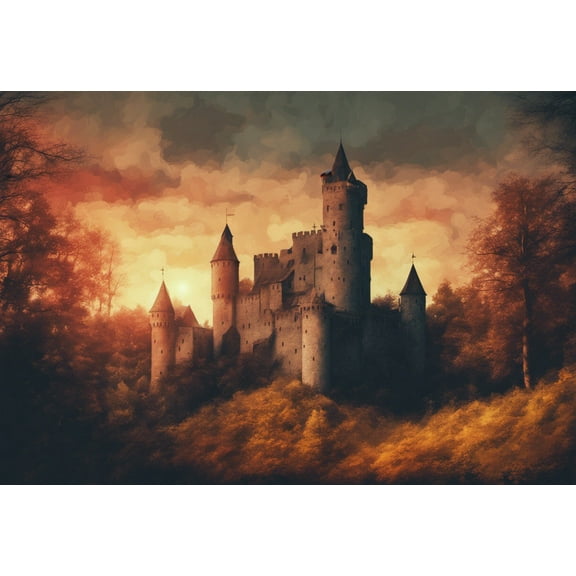 Medieval Castle in A Forest at Sunset Digital Grunge Painting - 12" x 18" Art Print Wall Decor